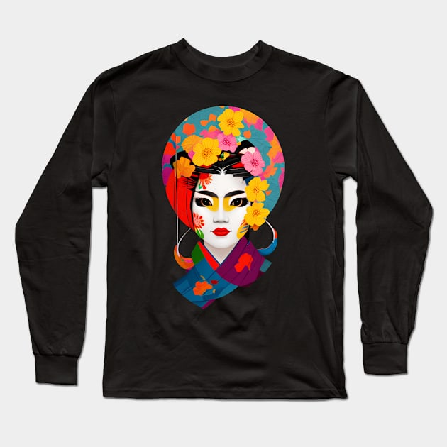 Colorful geisha head with flowers Long Sleeve T-Shirt by Ravenglow